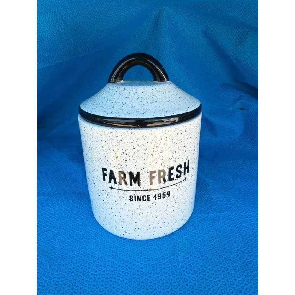 Farmhouse Treasures Farm Fresh Speckled Ceramic Canister White Black